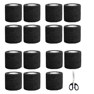 Imagem de Fita adesiva adesiva para tatuagem, pacote com 16, bandagem autoadesiva, 5 x 5 metros, descartável, coesa, para máquina de tatuagem, acessórios de tubo com tesoura, preta