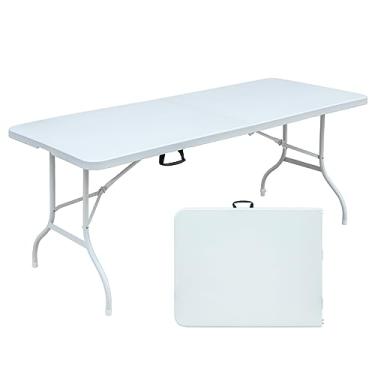 Imagem de GarveeLife Mesa dobrável de 1,8 m com alça, mesa portátil de plástico resistente, impermeável e fácil de limpar, altura ajustável, pés antiderrapantes, capacidade de 136 kg para uso interno e externo