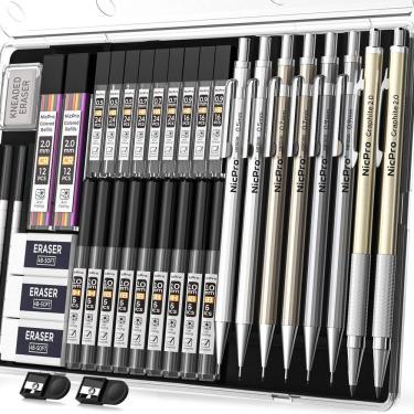 Imagem de Conjunto de lápis mecânicos Nicpro 37 unidades com grafite e borracha + estojo