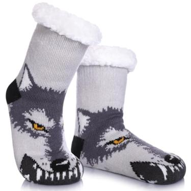 Imagem de FNOVCO Meias Infantis Pantufas Meninos Meninas Felpudas Macias Grossas Aconchegantes Quentes Lã Forrada Inverno Meias De Natal Internas (4-7 Anos, Lobo)
