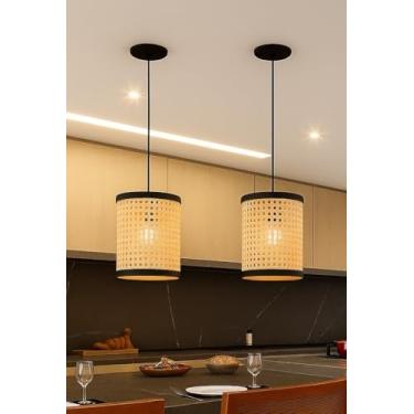 Imagem de Kit 2 Pendentes Tela Sintética Modernos Para Cozinha E Sala (Palha Sintetico com Preto)