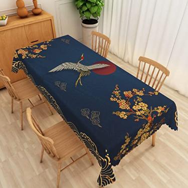 Imagem de SIEDYCV Toalha de mesa de guindaste japonês, 152 x 300 cm, dourada, flor de cerejeira, nuvens, sol, azul marinho, retangular, toalha de mesa estilo chinês asiático para cozinha, jantar, casamento