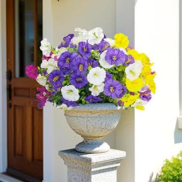 Imagem de Morning Glory Flores artificiais para decoração ao ar livre resistente a UV – 12 pacotes de flores falsas de seda realistas do lado de fora, plantas falsas para janela, caixa de janela, cesta