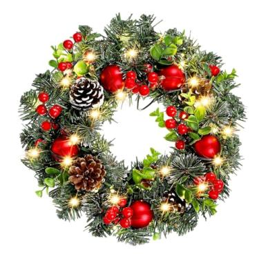 Imagem de Hemobllo Guirlanda de Natal Com Luzes, Decoração de Porta de Entrada para O Natal, Decoração de Parede Multiuso para O Feriado, Decorada Com Pinhas, Aglomerados de Frutas Vermelhas, Galhos Geados -