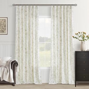 Imagem de Cortinas plissadas de linho floral verde sálvia para sala de estar, 300 cm de comprimento, estampa de flor de peônia, cortina de fazenda, vintage, country, boho, filtro de luz, plissado, cortinas