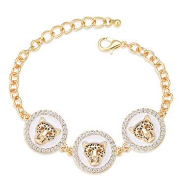 Imagem de OSCCI Pulseira feminina colorida esmaltada com cabeça de leopardo, hip hop, corrente ligada a ouro, pantera, coquetel, bijuteria de clube, One Size, Zinco, Strass