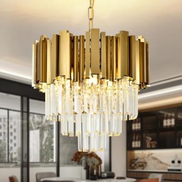 Imagem de AOOCHOK Luminária pendente moderna de cristal dourado - Luz pendente de cristal pequena para entrada, corredor, varanda, varanda, restaurante, entrada, Φ40 cm