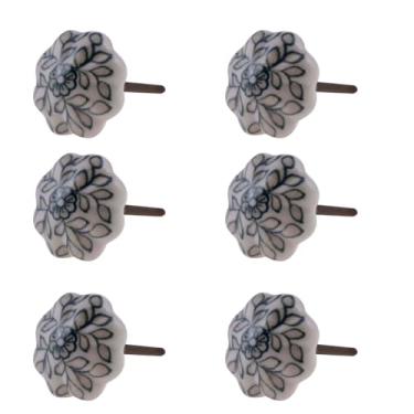 Imagem de Kit com 6 Peças Maçaneta Puxador Redondo Decorativo em Cerâmica Branca com Estampa Floral 4,5x3 cm para Gavetas e Móveis