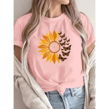 Imagem de Camiseta Feminina T-shirt Floral Girassol Borboleta 100% Algodão Premi