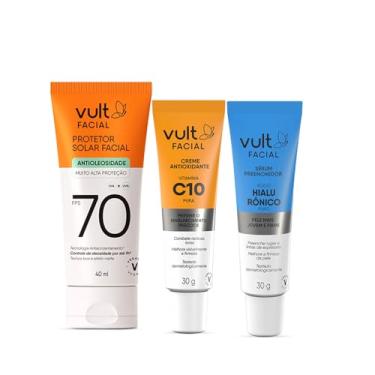 Imagem de Vult Combo Facial: Protetor Solar FPS 70 40ml + Creme Antioxidante Vitamina C 10% 30g + Sérum Facial Ácido Hialurônico Puro 30g
