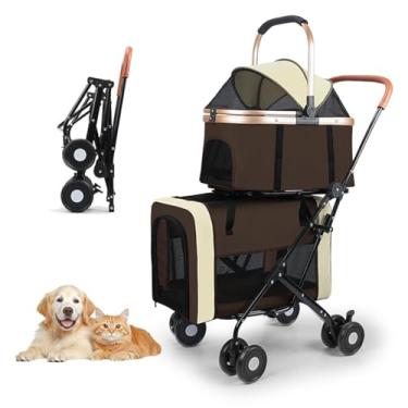 Imagem de YYW Carrinho de bebê duplo para cães e gatos pequenos – Carrinho dobrável 4 em 1 com 2 transportadores removíveis, rodas com trava e cintos de segurança, ideal para passeios e viagens em casas com