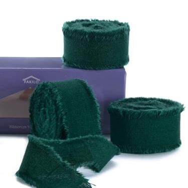 Imagem de FAKILO Fita de algodão rústico natural com borda desgastada, fita verde escura 100% algodão 2,54 cm x 24 m para buquês de casamento vintage, convites, chá de bebê, embrulho de presente, artesanato DIY