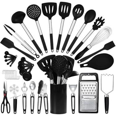 Imagem de RFAQK Conjunto de utensílios de cozinha com suporte, 40 peças de silicone para utensílios de cozinha antiaderentes, utensílios de cozinha incluem abridor de lata, triturador e descascador de batatas, pinças, espátulas, cortador de pizza e muito mais