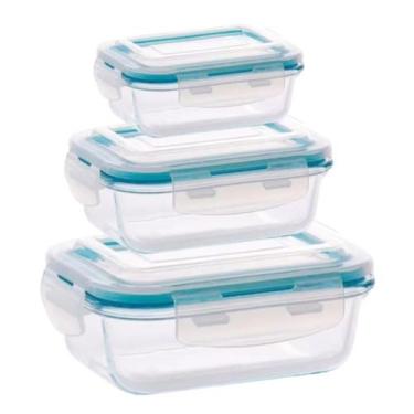 Imagem de Kit 3 Potes de Vidro Hermetico 3 Tamanhos Retangular Marmita Fitness -