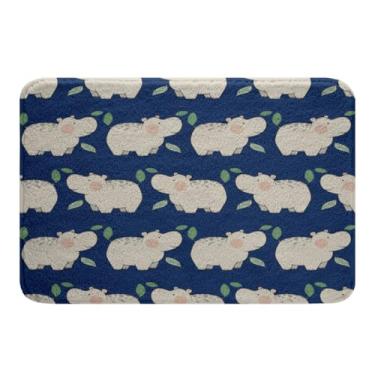 Imagem de jejeloiu Tapetes de banheiro de hipopótamo fofos 50,8 cm x 81,2 cm tapetes de banho com tema animal para banheira de chuveiro para crianças adolescentes adultos hipopótamo tapetes de banho para banheiro azul banheiro accossorias