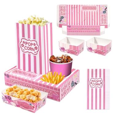 Imagem de Rzoklot 48 peças de suprimentos de festa noturna de cinema rosa – 24 caixas de lanche, 12 bandejas de comida, 12 sacos de pipoca – lindos porta-lanches descartáveis para noite de meninas, festa de