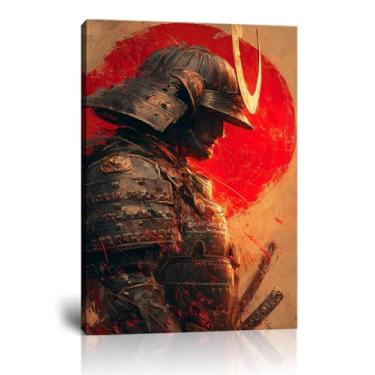 Imagem de Arte de parede em tela Armor Samurai para sala de estar quarto decoração de casa vintage samurai japonês quadro pôster emoldurado pronto para pendurar (61 cm L x 91 cm A)