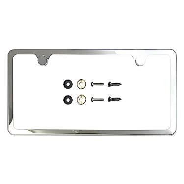 Imagem de T304 Moldura de placa de licença fina de aço inoxidável com dois furos – Acabamento polido espelhado 8K, resistente à ferrugem, design fino, ajuste universal, inclui tampas de parafuso, arruelas e