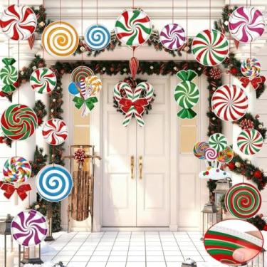 Imagem de 28 peças grandes enfeites de doces de Natal, decorações coloridas para pendurar ao ar livre, placa de festa de Natal, decoração de Natal caminho de varanda, bastões de doces de plástico gigantes