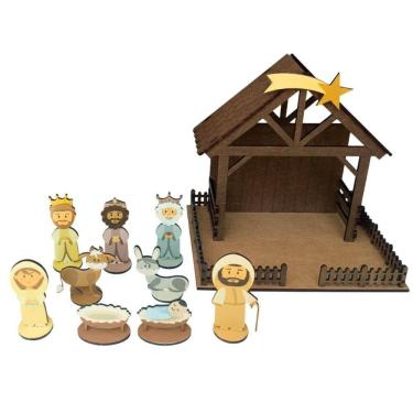 Imagem de Presépio de Natal Pequeno em MDF 4mm Colorido 19x15x18cm Montável com Caixa