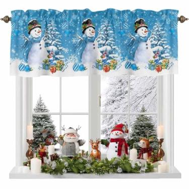 Imagem de Cortina de sanefa de boneco de neve de Natal azul para janelas de cozinha, cortina de pinheiro com bolas de Natal, tratamento de janela, floco de neve, inverno, sanefas de bolso para varão, para
