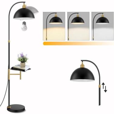 Imagem de Candeeiro de chão com mesa lâmpada de leitura de arco de altura ajustável industrial com prateleiras Candeeiro de chão para sala de estar, arco preto, lâmpada de leitura em pé com bandeja para quarto