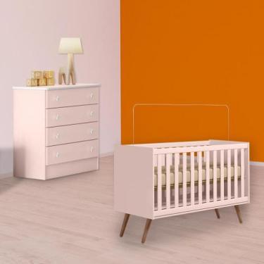 Imagem de Quarto Infantil Berço Mini Cama Retrô e Cômoda 4G Rosa - Qmovi