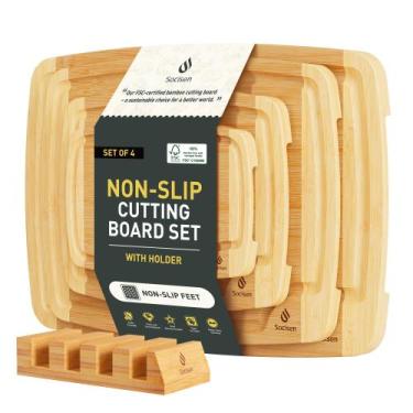 Imagem de Conjunto de tábuas de corte Socisen Bamboo com suporte sobre pia