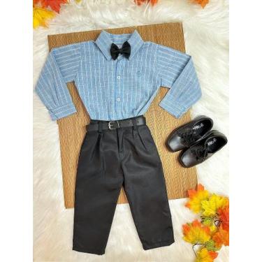 Imagem de Conjunto Infantil Camisa Listrada Azul e Calça Preta com Cinto e Grava