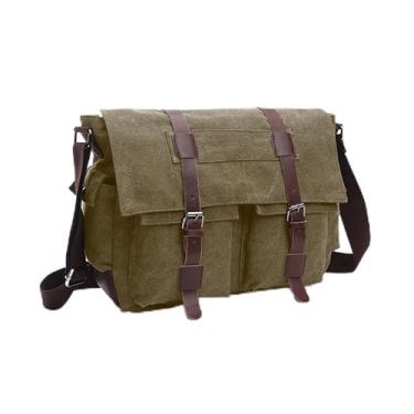 Imagem de Bolsa carteiro de lona vintage, bolsa transversal para laptop de 15,6 polegadas com vários bolsos e alça de ombro ajustável (verde militar, grande)