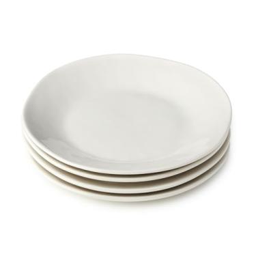 Imagem de Conjunto de 4 pratos de salada de grés Linen Cream de 22 cm – Louça rústica moderna de fazenda para aperitivos, sobremesas e uso diário – Segura para micro-ondas, pratos de grés neutros vidrados