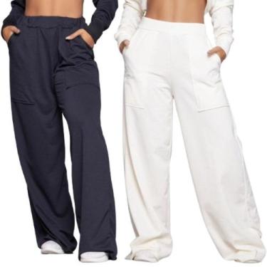 Imagem de KIT 2 Calça Pantalona Wide Leg WLS Modas Cintura Alta Flare Moletinho 