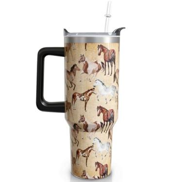 Imagem de qoepfnsh Copo de cavalo de 1,134 g com alça e canudo, caneca de café de viagem isolada a vácuo de aço inoxidável marrom, garrafa de água, acessórios de objetos de cavalos, presentes de decoração para