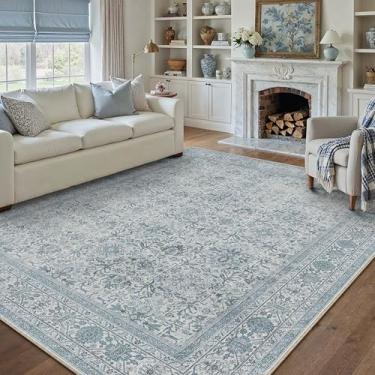 Imagem de PureCozy Tapete de área, 15 x 23 cm, azul, lavável, macio, antiderrapante, vintage, quarto, escritório, tradicional, retrô, desgastado, grande, grosso, para sala de jantar, cozinha, sala de jogos