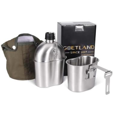 Imagem de Goetland Kit de cantina militar dos EUA da Segunda Guerra Mundial de aço inoxidável 1 litro com copo de 0,5 litro de cobertura de nylon G.I.