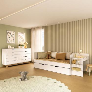 Imagem de Quarto Infantil Cama de Solteiro 3 em 1 e Cômoda 10 Gavetas em MDF Premium Helena e Alice Branco/ Louro Freijó Grann