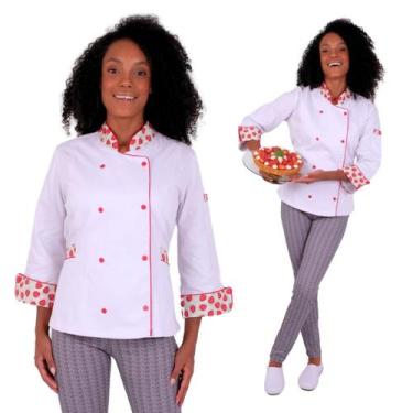 Imagem de Dólmã Feminina Para Chef De Cozinha Branco Morangos 100% Algodão Acint