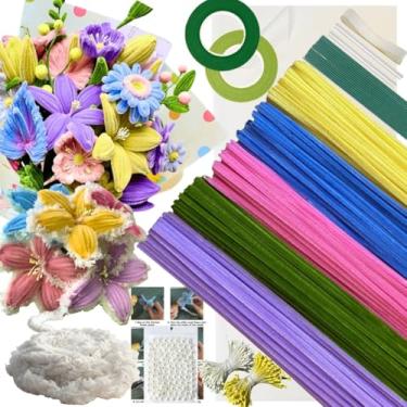 Imagem de NafuXiaJJia Kit de flores para limpeza de cachimbo Macaroon: 300 hastes de chenille, lã, 15 fios verdes, 50 pérolas, 50 estames, 2 fitas florais, 2 papéis de embrulho e instruções.