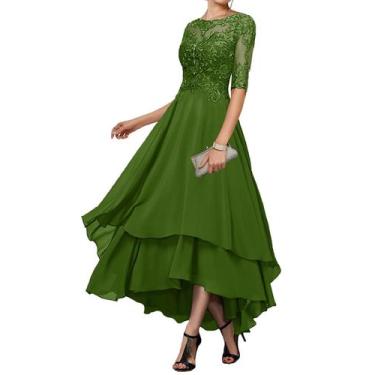 Imagem de Vestido VEGACHGAN, comprimento de chá, verde oliva, mãe e noiva, renda