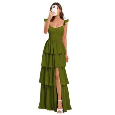 Imagem de Vestido de formatura Dessiny Olive Green Chiffon em camadas com alças 
