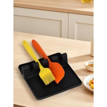 Imagem de Descanso de utensílios de silicone – Descanso de colher sem BPA com coletor de gotejamento, resistente ao calor (até 232 °C) – Organizador de balcão de cozinha antiderrapante para fogão, utensílios de
