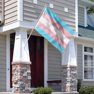 Imagem de Bandeira transgênero Fly in Breeze de 9,5 x 1,5 m - Cor vívida e à prova de desbotamento - Cabeçalho de lona e costura dupla - Bandeiras de desfile do mês do orgulho LGBT rosa azul arco-íris com ilhós