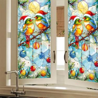 Imagem de HOMETITUTE Pássaros de Natal Película para janela de vitral 48 x 100 cm, pássaros canoros festivos com chapéus de Papai Noel, enfeites de Natal, adesivos de vidro decorativos, privacidade, decalque de