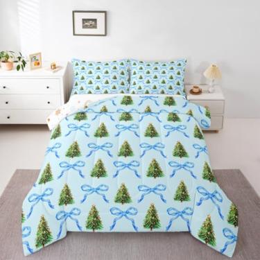 Imagem de Feelyou Conjunto de edredom de Natal azul para crianças, fofo, árvore de Natal, para meninos, meninas, adolescentes, kawaii, laço, inverno, férias, edredom para decoração de quarto