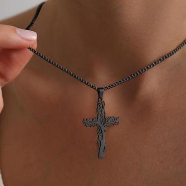 Imagem de Colar com pingente de cruz árvore da vida para mulheres e homens, ouro, prata, preto, aço inoxidável, corrente de 61 cm, joias religiosas de Natal, aniversário, presentes para ela, 24“, Aço inoxidável