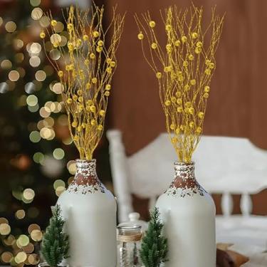 Imagem de 2 peças de espuma artificial de Natal com glitter em pó caule de baga 43 cm buquê de frutas silvestres DIY Natal Ano Novo decoração de guirlanda de mesa, ouro