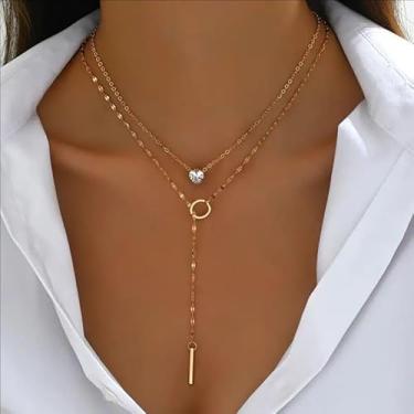 Imagem de Colar dourado com pingente de camada dupla, colar de zircônia brilhante, colar contínuo em forma de Y, joia diária feminina, presente de aniversário