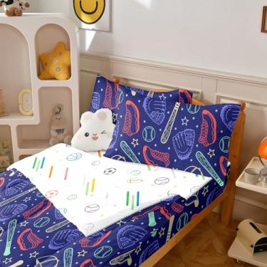 Imagem de Yadangxiawa Jogo de edredom infantil, solteiro com zíper, estampa de bolas de beisebol, lençol com elástico e fronhas para todas as estações (beisebol-A)