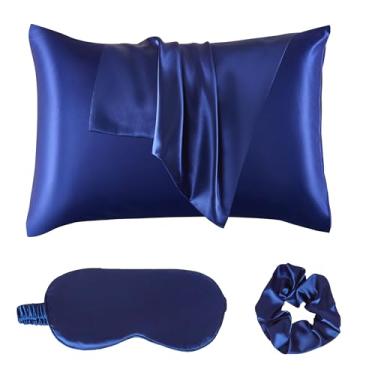 Imagem de URLINENS Fronha de cetim para cabelo e pele, conjunto de dormir de seda vegana super macia - 2 fronhas de cetim tamanho padrão, 1 máscara para os olhos, 1 elástico, kit de rotina noturna de cetim