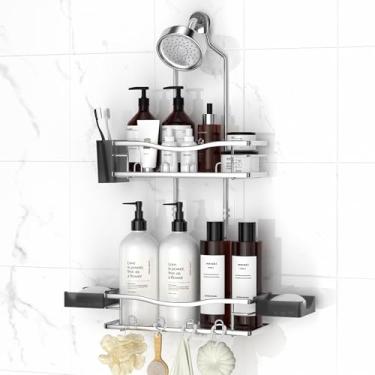 Imagem de REINHARDT Organizador de chuveiro suspenso anti-balanço com suporte de sabonete, vários ganchos, prata